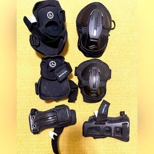 Rollerblade protective gear: knees, elbows, hands.